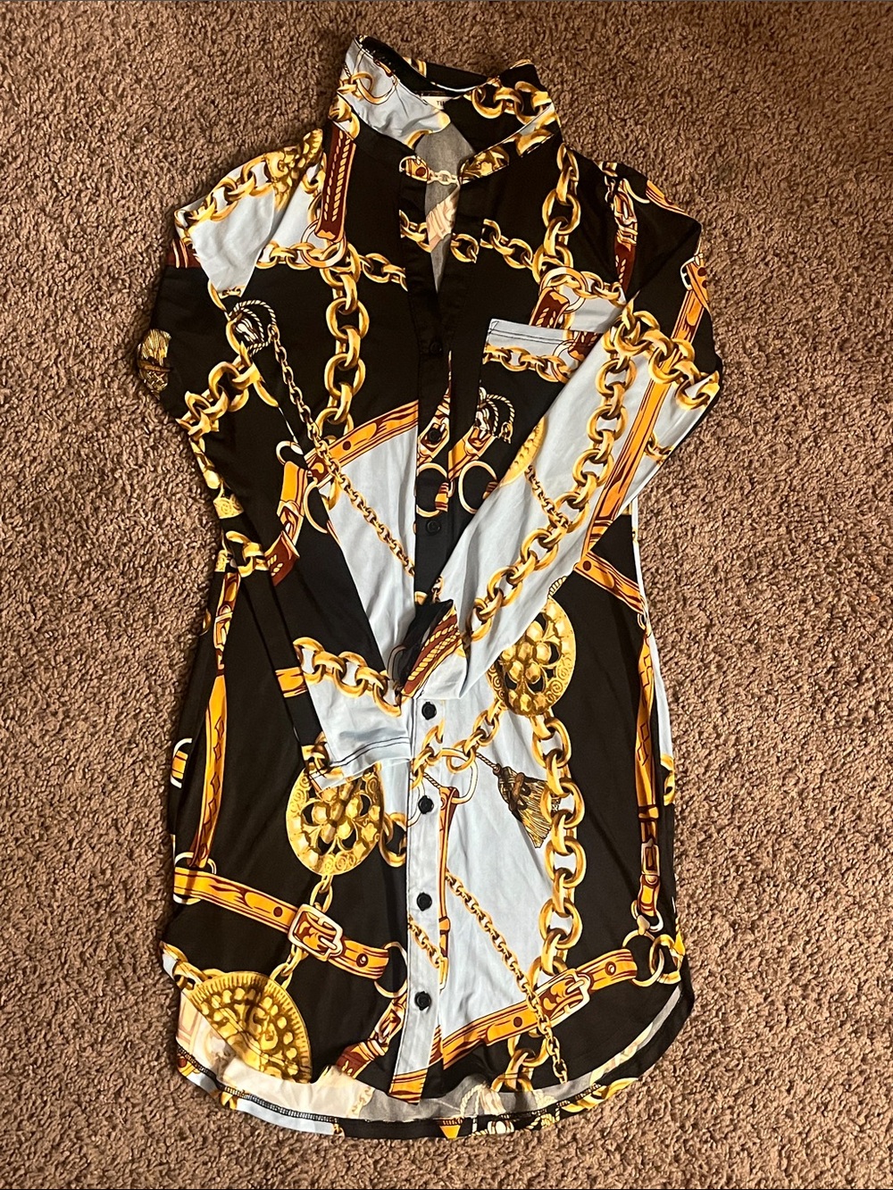 Timing Black and White Chain-Print Long Sleeve Shirt Dress